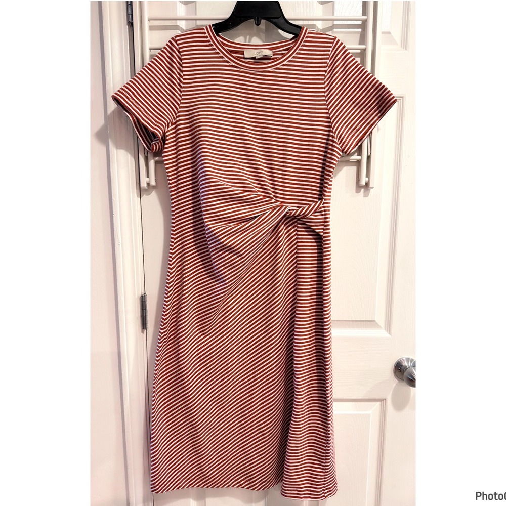 Loft Brown Stripe Twisted Front Tshirt Cotton Midi Dress Large Petite Preppy